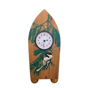 Wooden Clock Handcrafted Alan Buss Chickadee Pine Bough Handcrafted Handpainted
